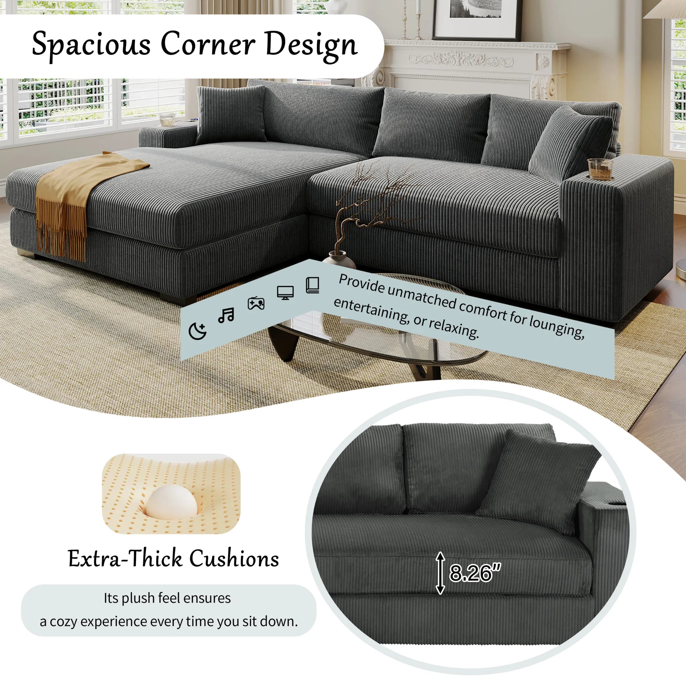 Kova 111" L-Shaped Chaise Longue Sofa  | USB-C Charging  |  Cup Holders