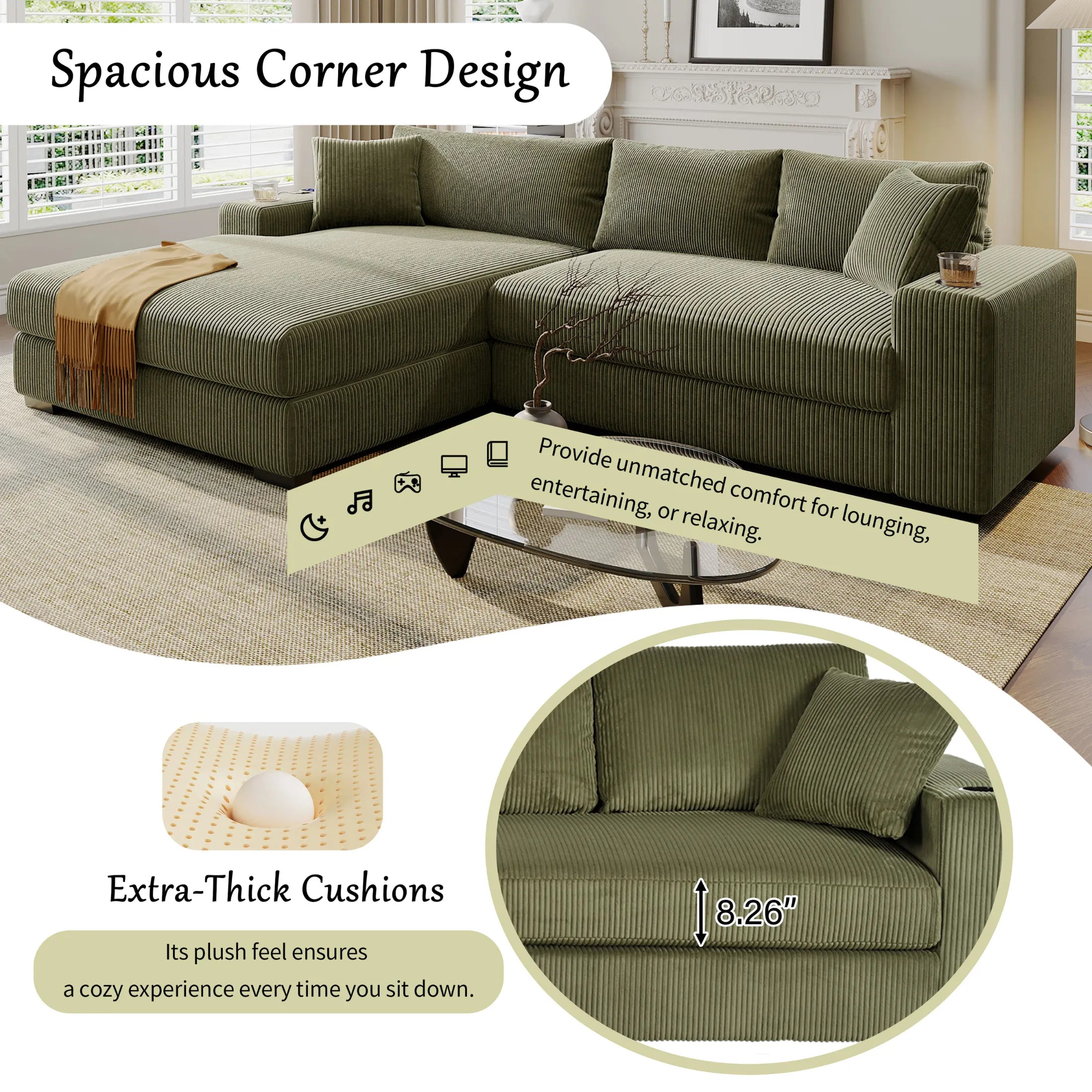 Kova 111" L-Shaped Chaise Longue Sofa  | USB-C Charging  |  Cup Holders