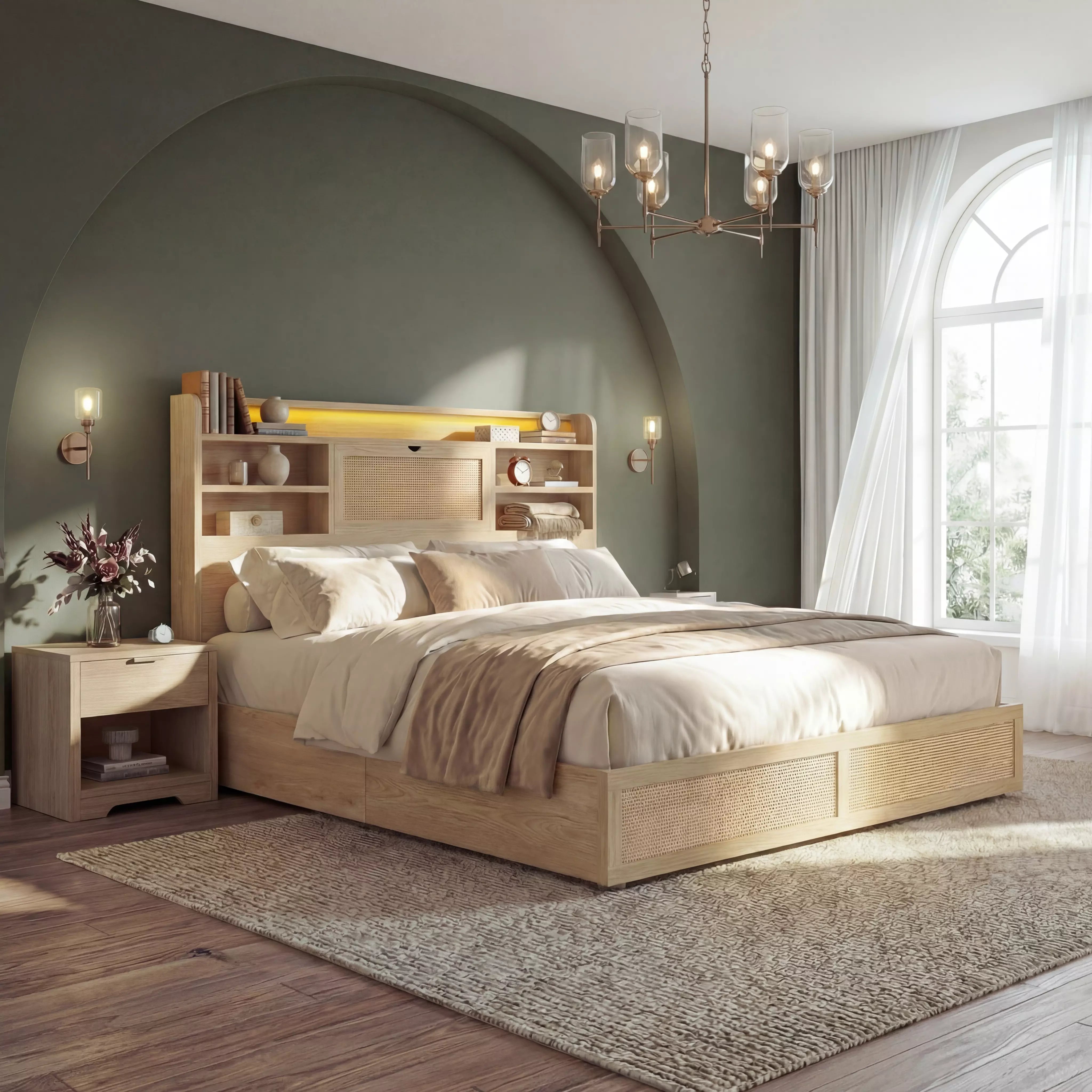 Boho Chic Rattan Storage Bookcase Bed Frame