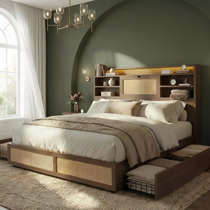Boho Rattan Storage Bookcase Bed Frame