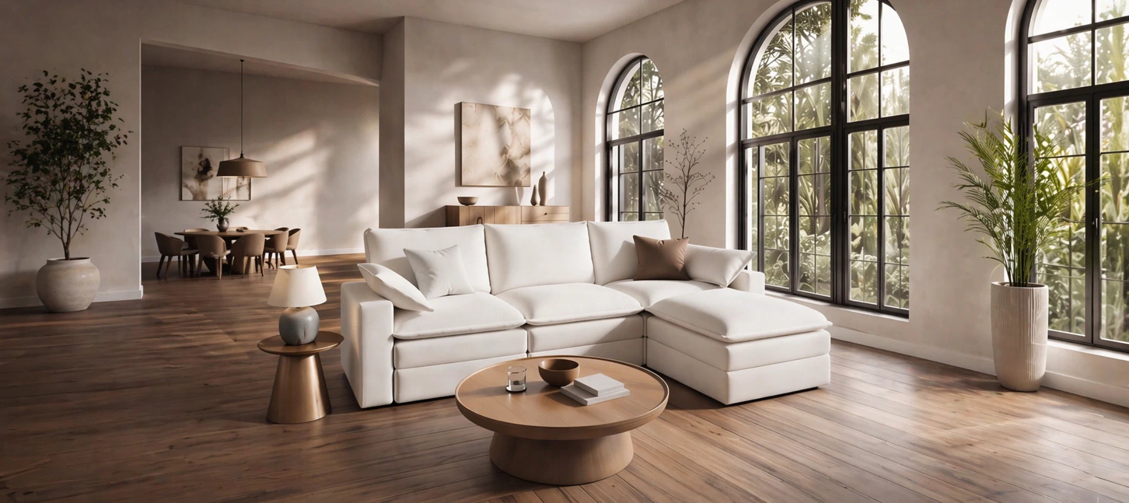 Modern living room with white sectional sofa, wooden coffee table, and large windows.
