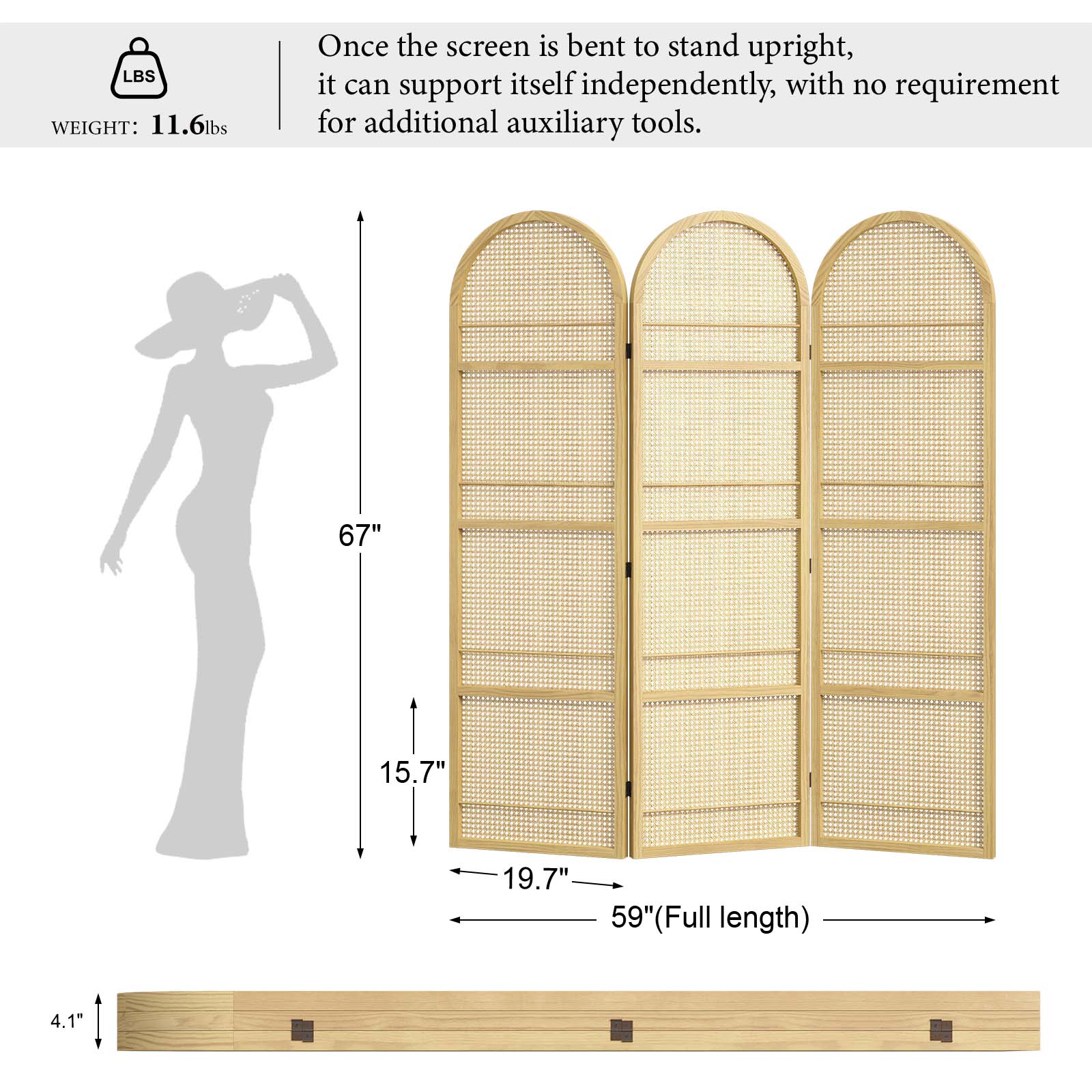 Size chart showing width and height in inches for the natural wood arched folding screen