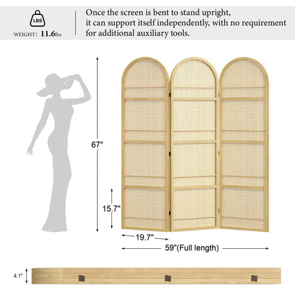 Size chart showing width and height in inches for the natural wood arched folding screen
