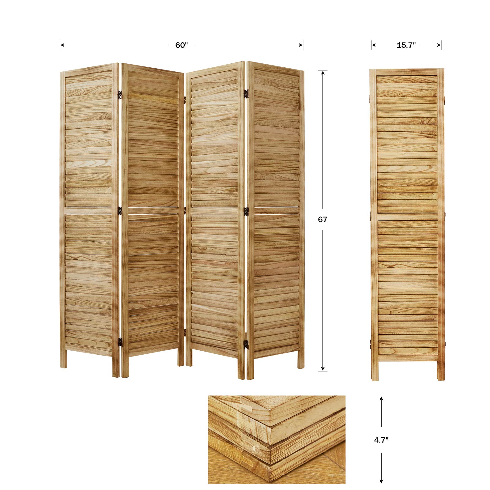 Size chart for natural wood divider showing 16 inch panel width and 67 inch height.