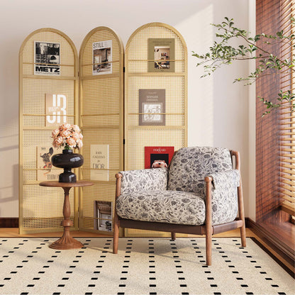 Warm natural wooden arched partition screen holding magazines and plants in a sunlit living space