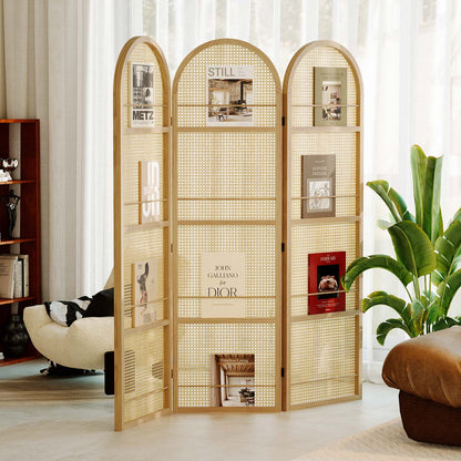 Natural wood finish rails securely holding books and decor on an arched room divider panel