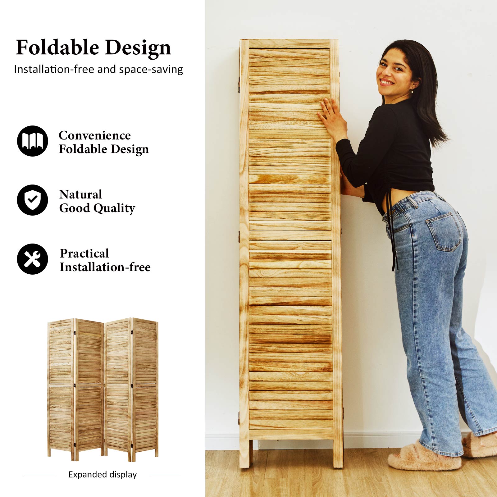 Foldable natural wood screen design with sturdy non-slip base pads for stability