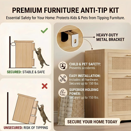 Premium furniture anti-tip kit for 6-drawer rattan dresser. Heavy-duty metal wall anchor prevents tipping to protect children and pets. Easy installation hardware included.