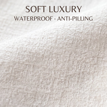 Close-up of premium off-white chenille fabric, pill-resistant and soft-to-touch upholstery.