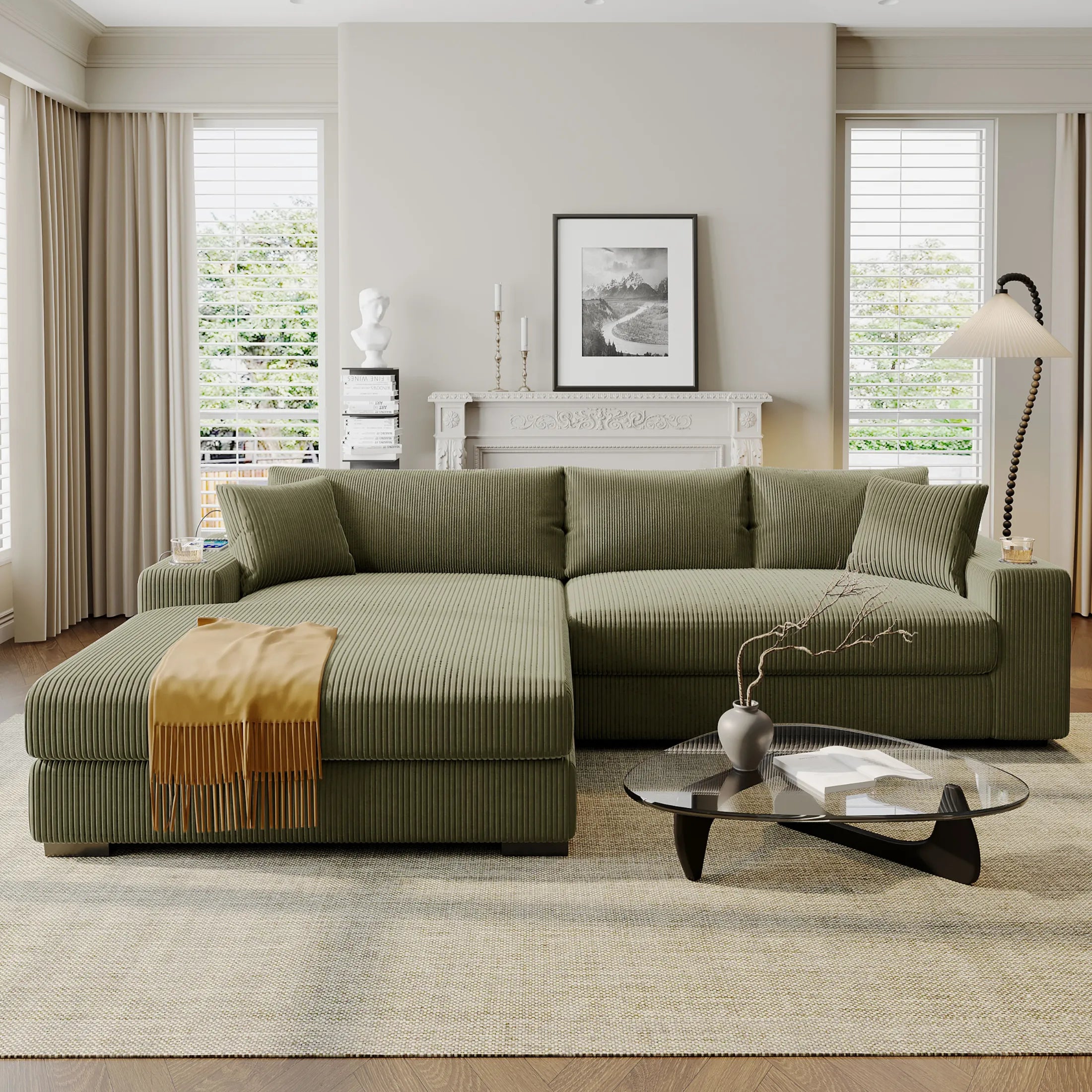 Kova 111" L-Shaped Chaise Longue Sofa  | USB-C Charging  |  Cup Holders