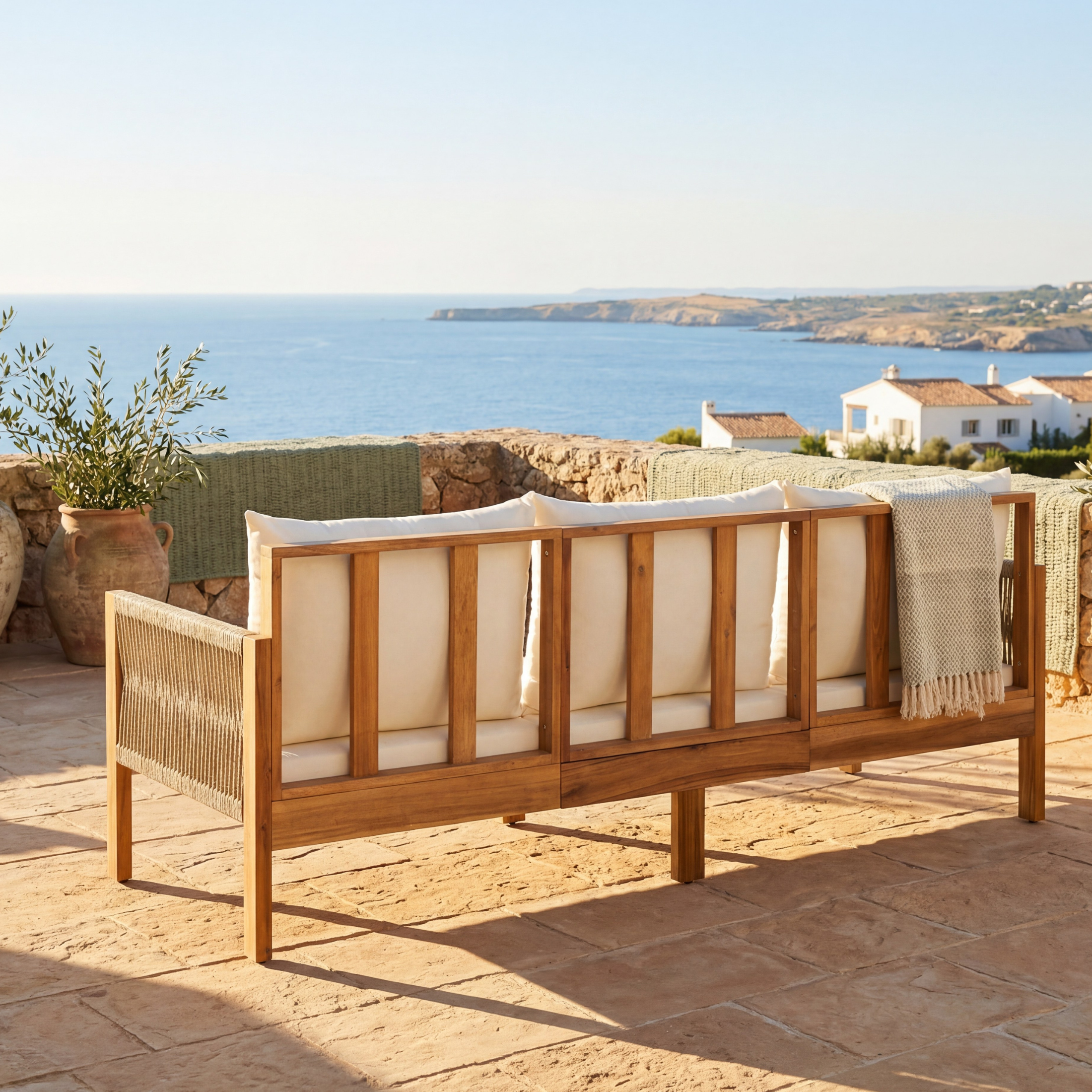 Luvia 3 Seat Acacia Wood Outdoor Sofa, 4 in 1 All-Weather Daybed