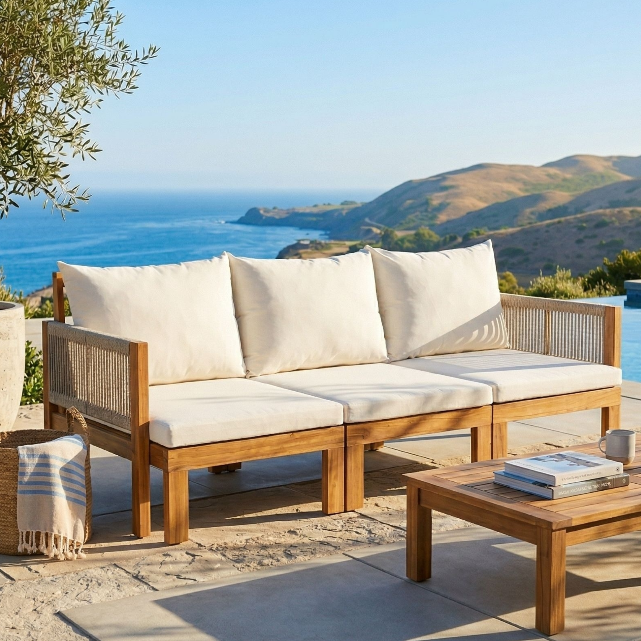 Luvia 3 Seat Acacia Wood Outdoor Sofa, 4 in 1 All-Weather Daybed