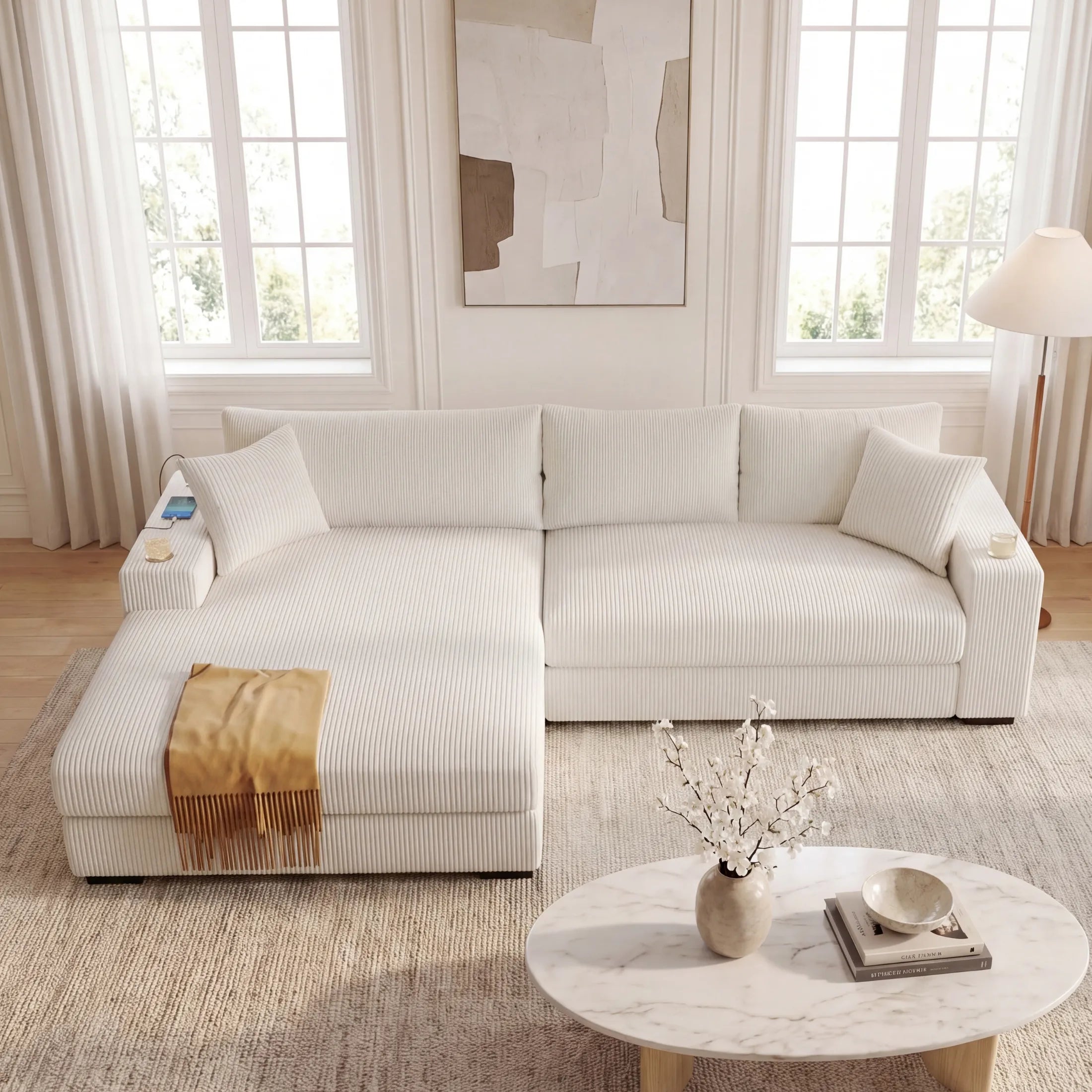 Kova 111" L-Shaped Chaise Longue Sofa  | USB-C Charging  |  Cup Holders