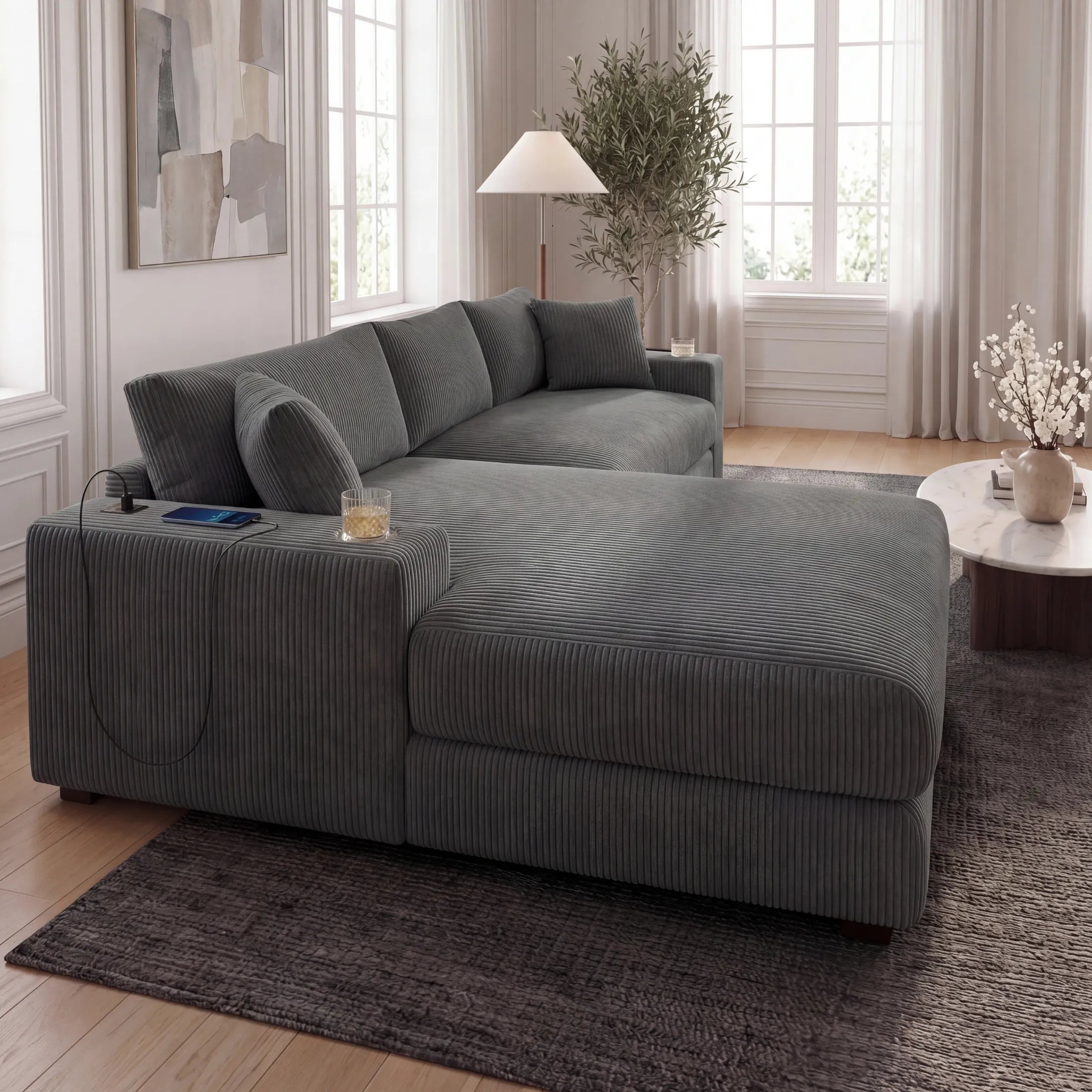 Kova 111" L-Shaped Chaise Longue Sofa  | USB-C Charging  |  Cup Holders