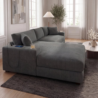 Kova 111" L-Shaped Chaise Longue Sofa  | USB-C Charging  |  Cup Holders