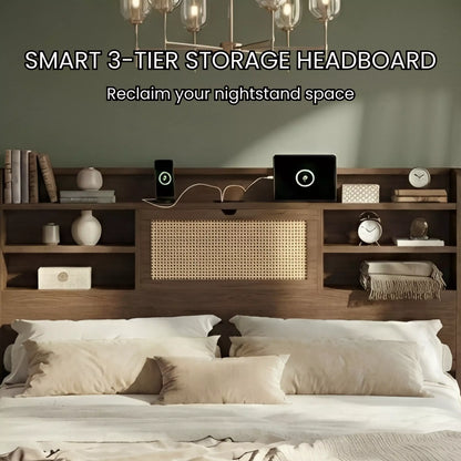 Boho Chic Rattan Storage Bookcase Bed Frame