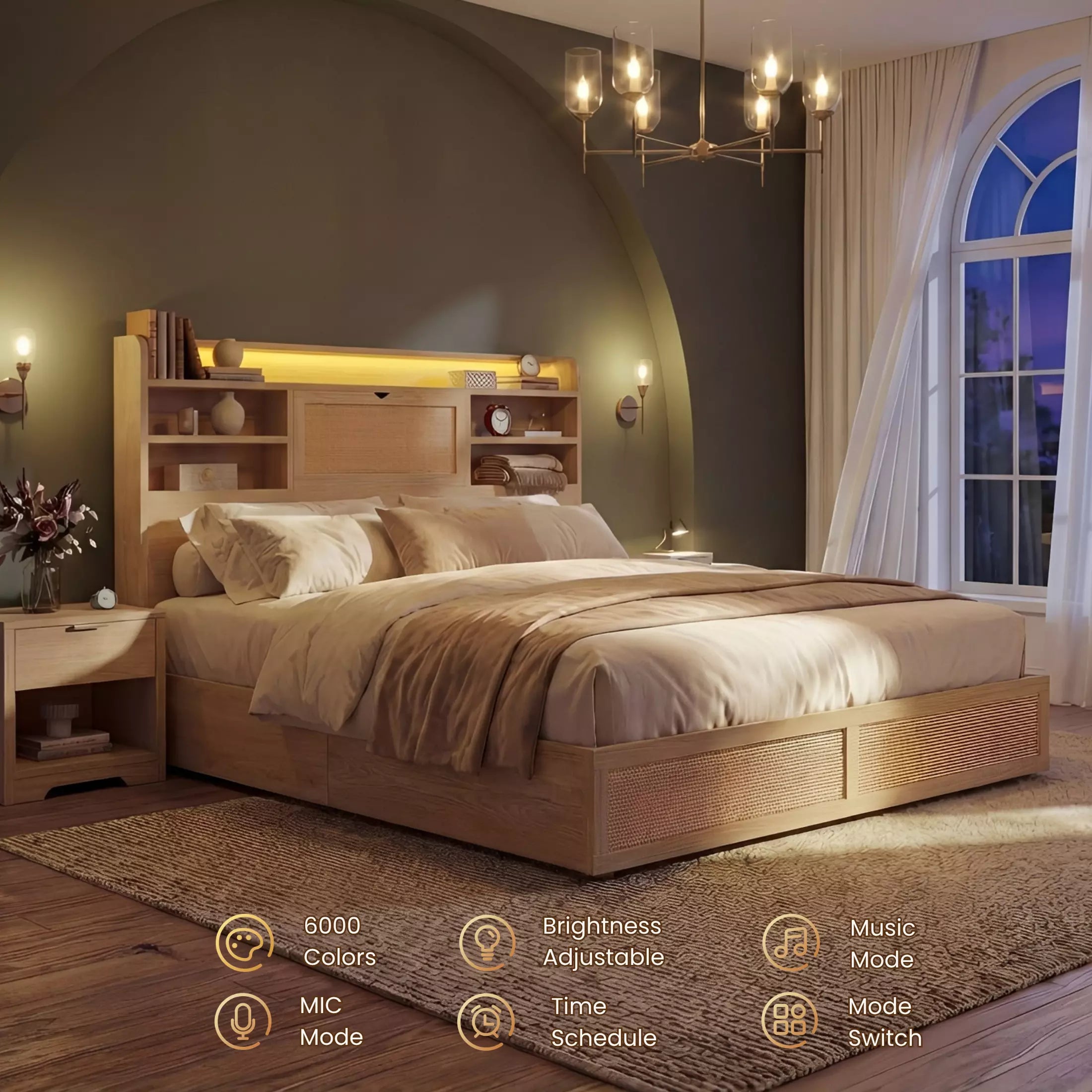 Boho Chic Rattan Storage Bookcase Bed Frame