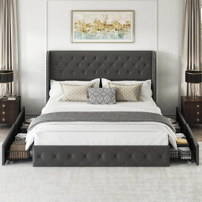 Larmace Modern Upholstered Platform Bed Frame with Button Tufted Velvet Wingback Headboard, 4 Storage Drawers Underneath