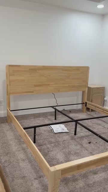 Load video: Real bedroom video of Sorel Japandi solid wood platform bed frame in Natural Oak wood with headboard and platform support