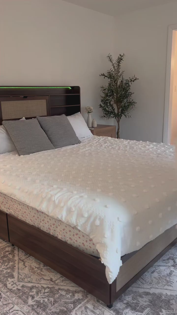 Load video: Boho Chic Rattan Storage Bookcase Bed Frame