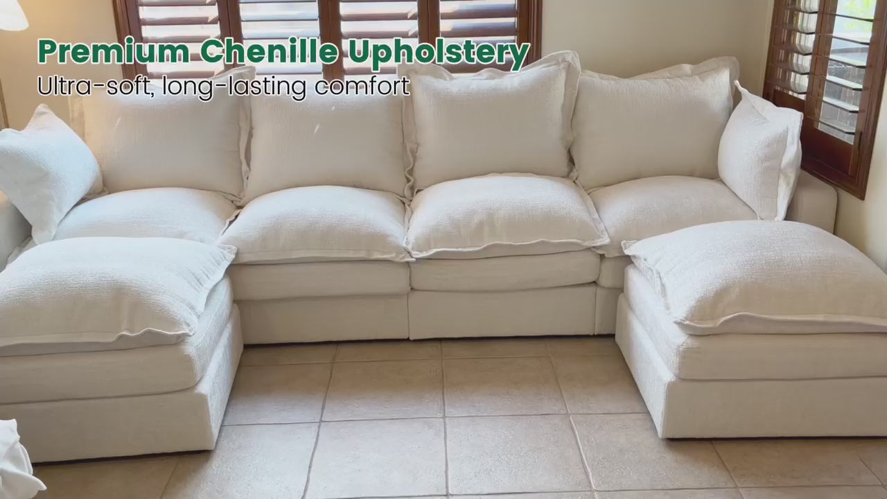 Load video: Flexible layout of the **u shape sectional sofa** showing **movable ottomans** used as a coffee table and chaise for this **7 seater** modular sofa