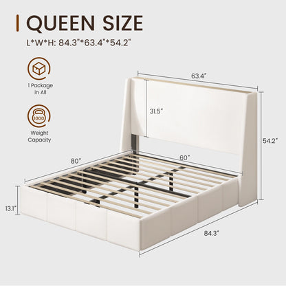 Queen size white sherpa upholstered platform bed frame dimensions