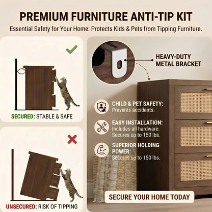 Premium furniture anti-tip kit for 6-drawer rattan dresser. Heavy-duty metal wall anchor prevents tipping to protect children and pets. Easy installation hardware included.
