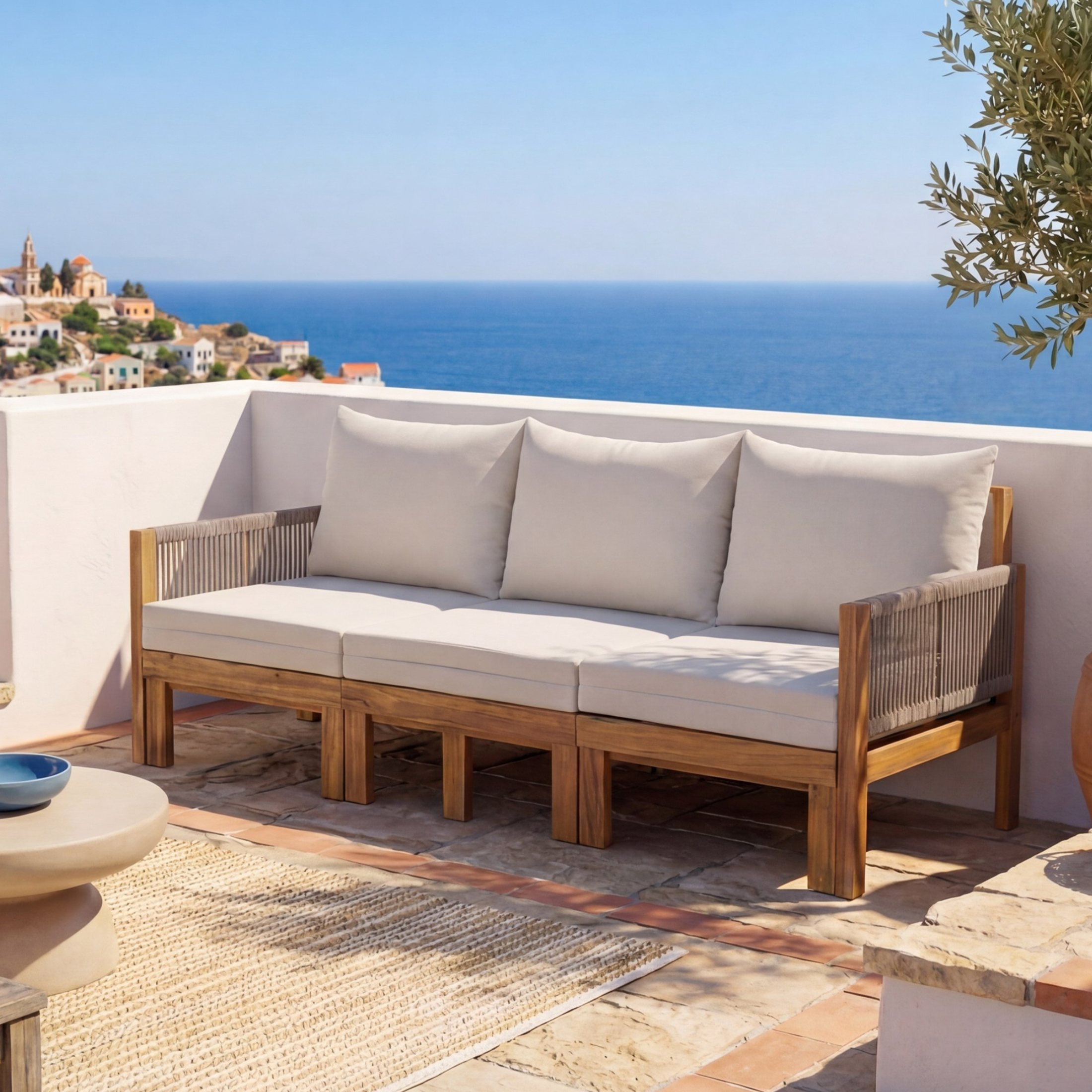 Luvia 3 Seat Acacia Wood Outdoor Sofa, 4 in 1 All-Weather Daybed