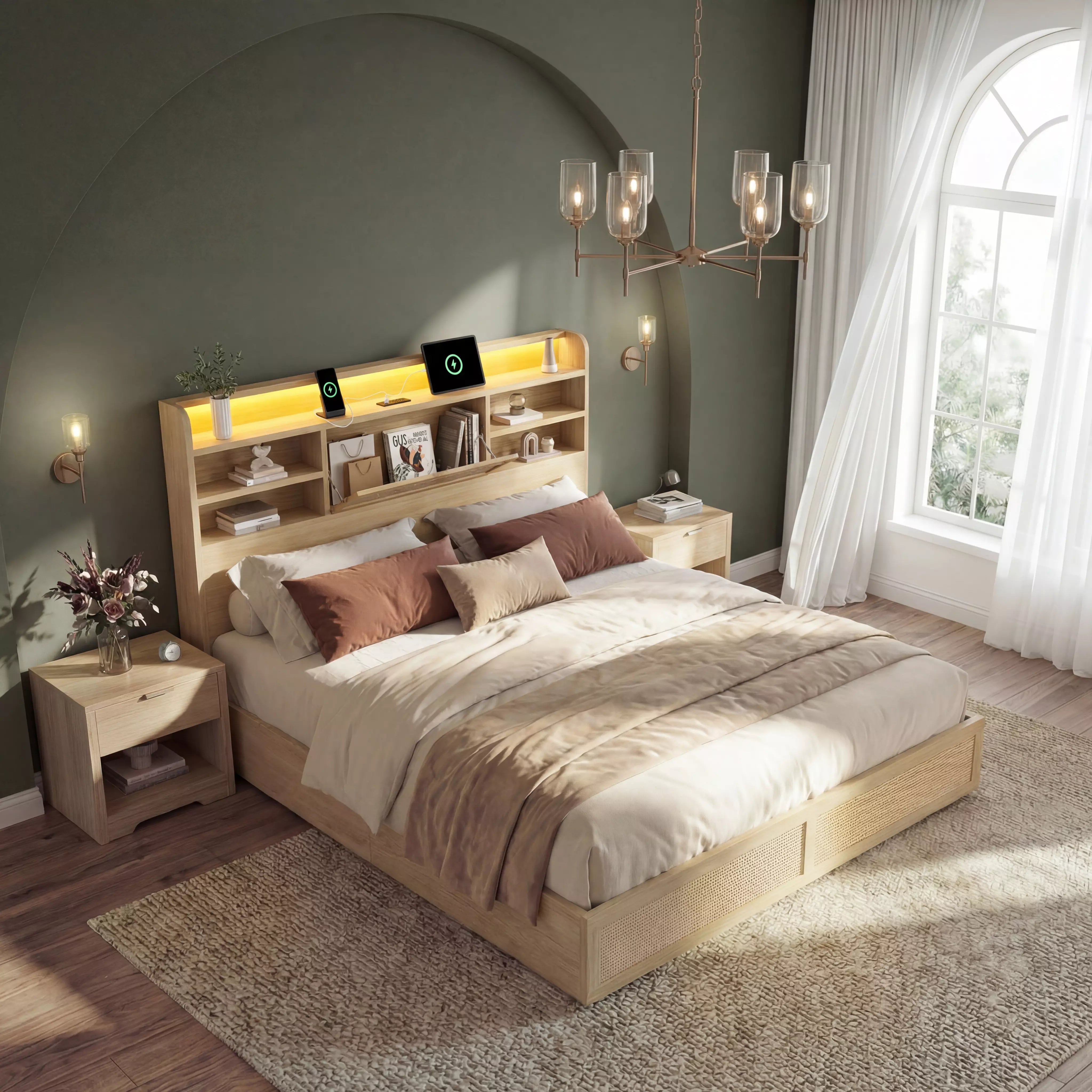 Boho Chic Rattan Storage Bookcase Bed Frame