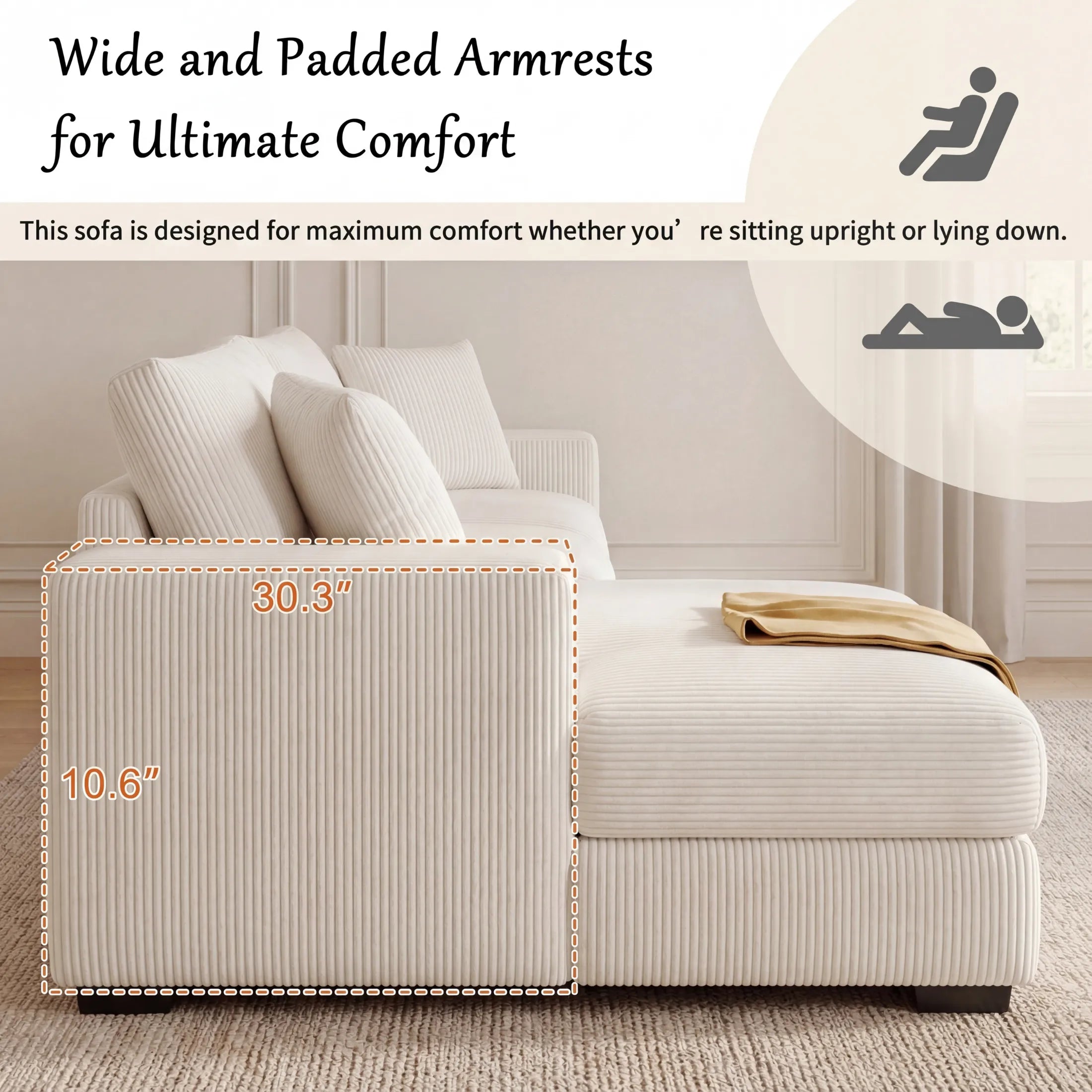 Kova 111" L-Shaped Chaise Longue Sofa  | USB-C Charging  |  Cup Holders
