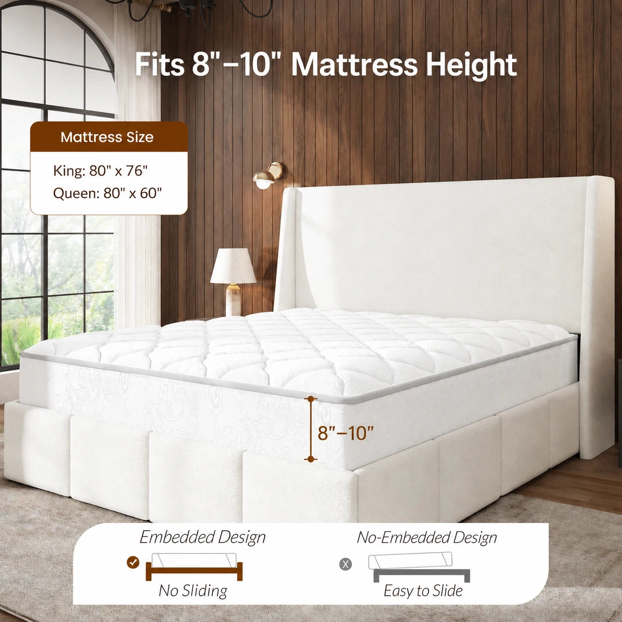 White sherpa bed frame showing recommended mattress height