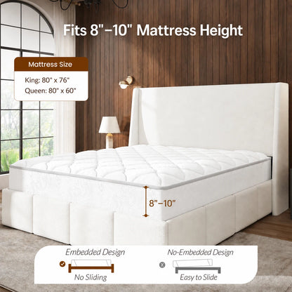 White sherpa bed frame showing recommended mattress height