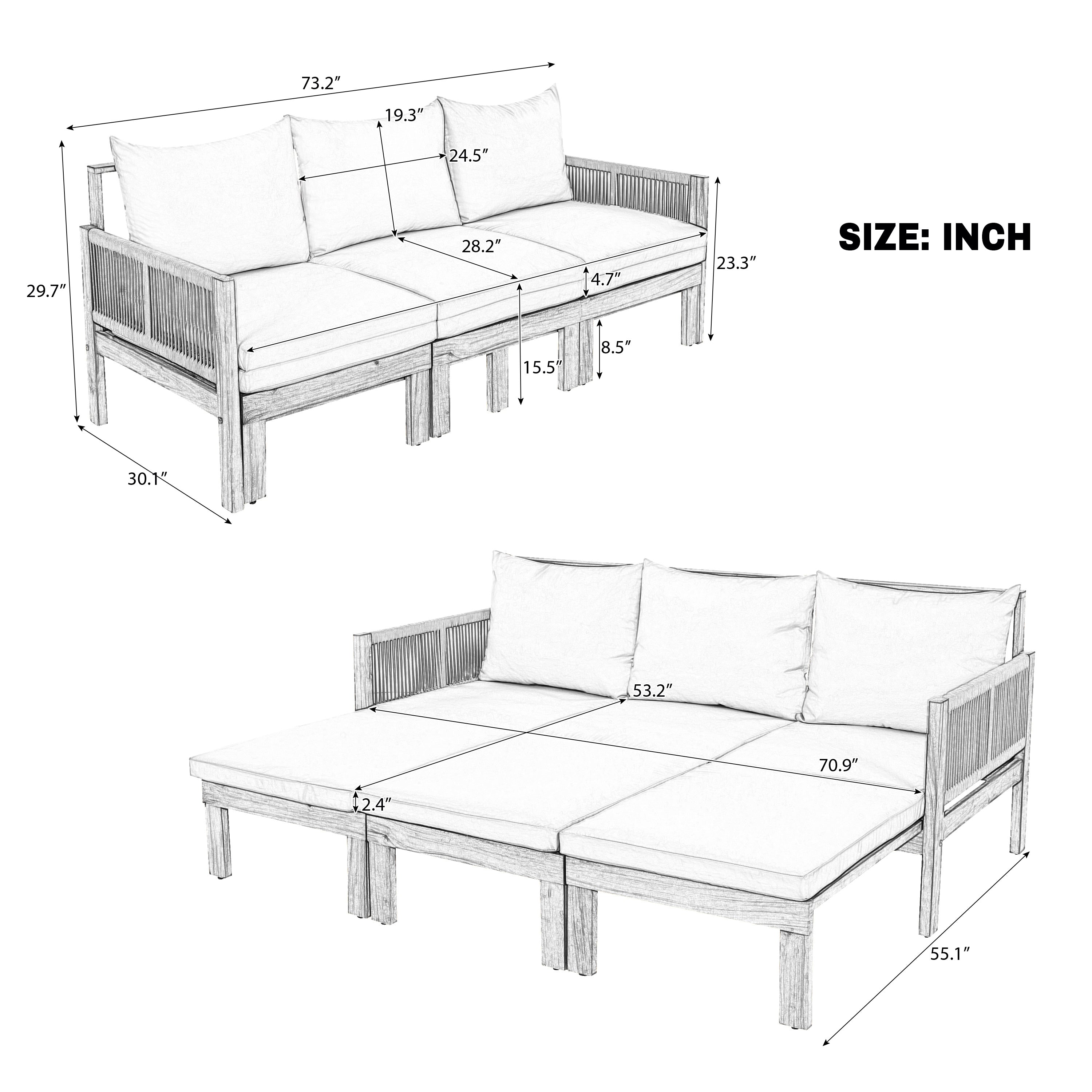 Luvia 3 Seat Acacia Wood Outdoor Sofa, 4 in 1 All-Weather Daybed-Grey Color