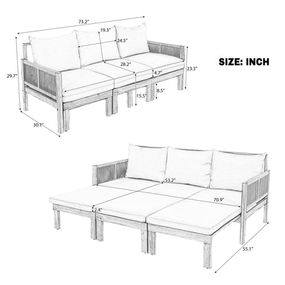 Luvia 3 Seat Acacia Wood Outdoor Sofa, 4 in 1 All-Weather Daybed-Grey Color