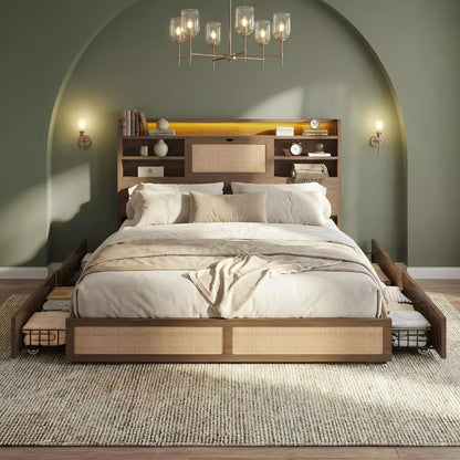 Boho Chic Rattan Storage Bookcase Bed Frame