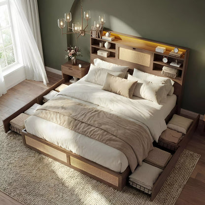 Boho Chic Rattan Storage Bookcase Bed Frame