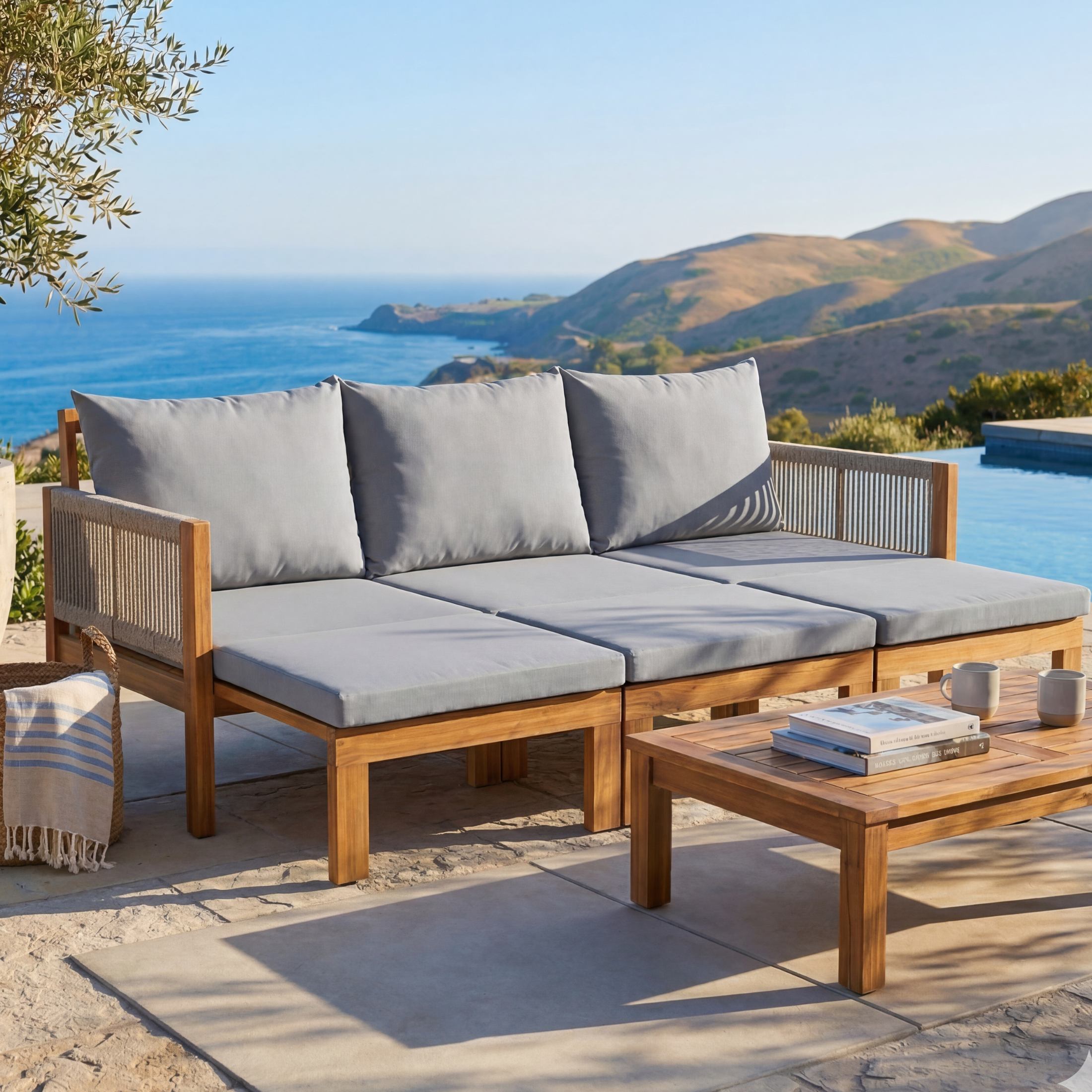 Luvia 3 Seat Acacia Wood Outdoor Sofa, 4 in 1 All-Weather Daybed