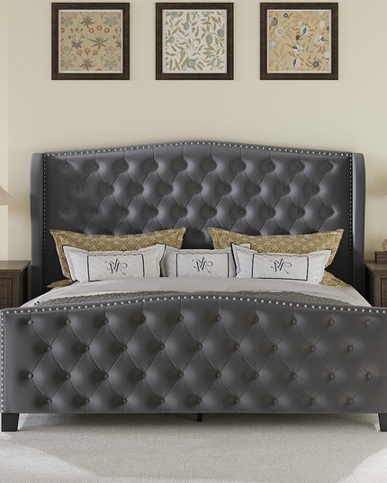 Larmace Upholstered Wingback Bed with High Tufted Headboard for Bedroom, KING SIZE