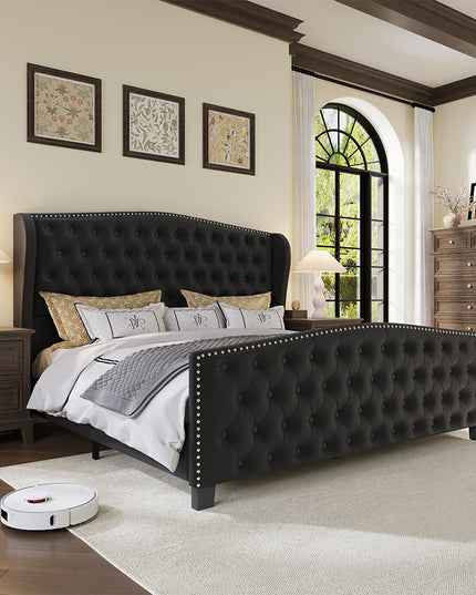 Larmace Upholstered Wingback Bed with High Tufted Headboard for Bedroom, KING SIZE Velvet Black