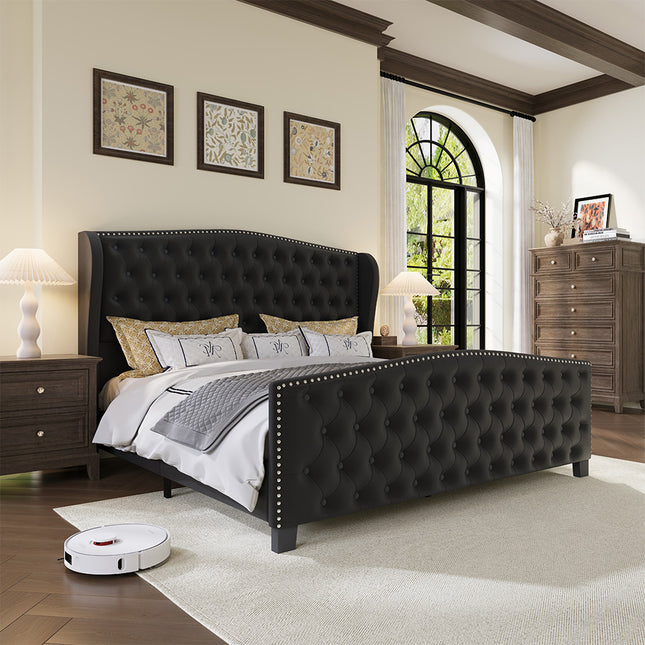 Larmace Upholstered Wingback Bed with High Tufted Headboard for Bedroom, KING SIZE Velvet Black