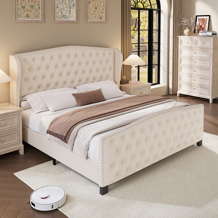 queen wingback upholstered bed