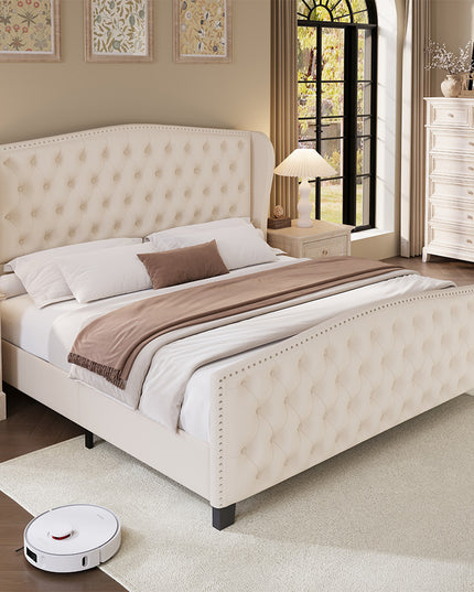 Larmace Upholstered Wingback Bed with High Tufted Headboard for Bedroom, KING SIZE