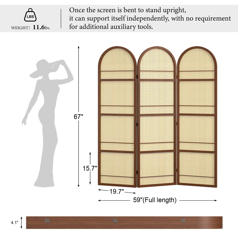 Detailed dimension diagram of the walnut brown arched 4-panel room divider showing width and height in inches
