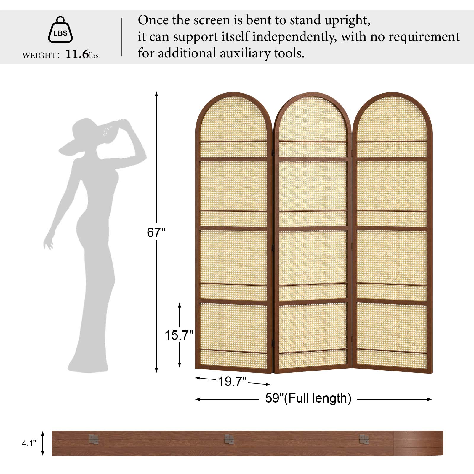 Detailed dimension diagram of the walnut brown arched 4-panel room divider showing width and height in inches