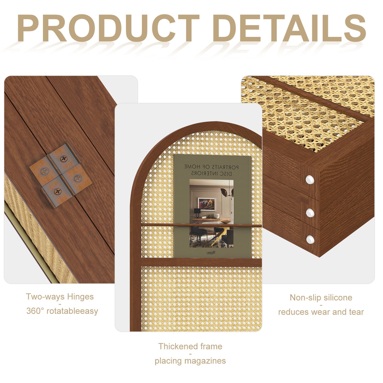 Detailed view of the rich dark walnut wood finish, curved arched top, and sturdy display rail construction