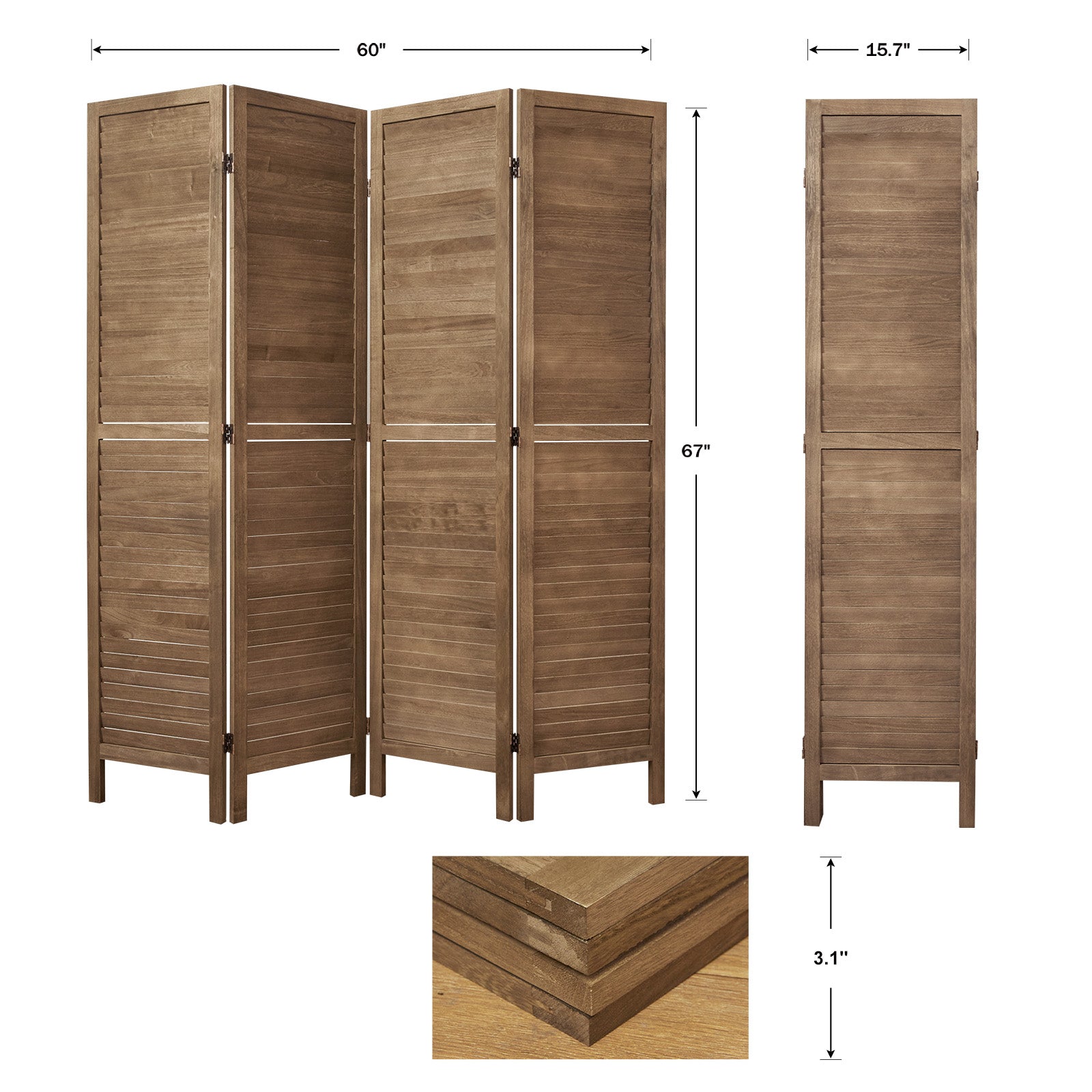 Specification diagram of walnut 4-panel screen showing foldable width and height.