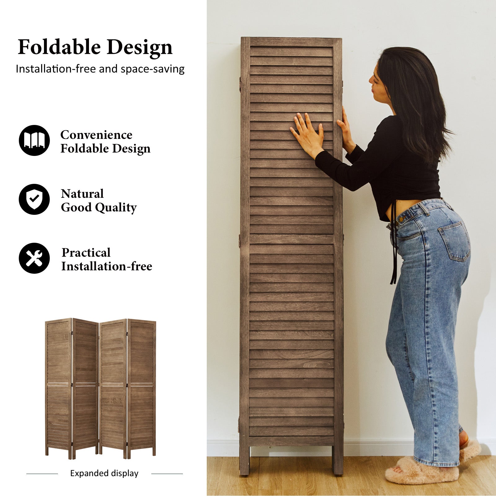 Durable rustic metal hinges on walnut wood screen allowing two-way folding