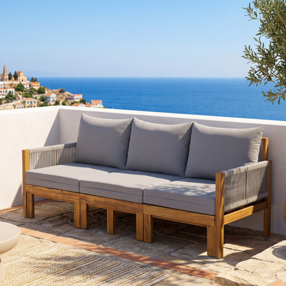 Luvia 3 Seat Acacia Wood Outdoor Sofa, 4 in 1 All-Weather Daybed
