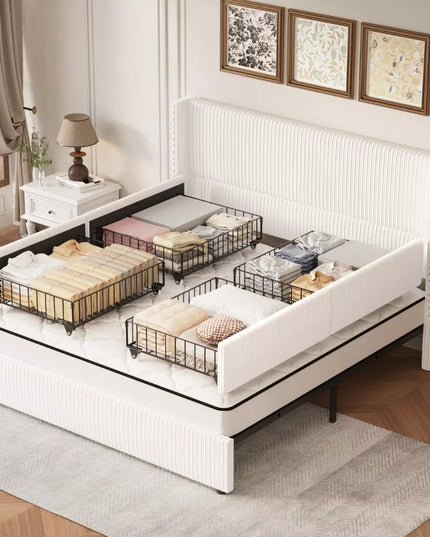Elysia Corduroy Upholstered Platform Bed Frame,48" Nailhead Trim Wingback