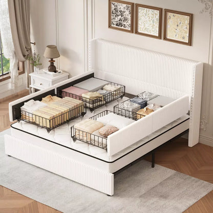 Elysia Corduroy Upholstered Platform Bed Frame with Nailhead Wingback